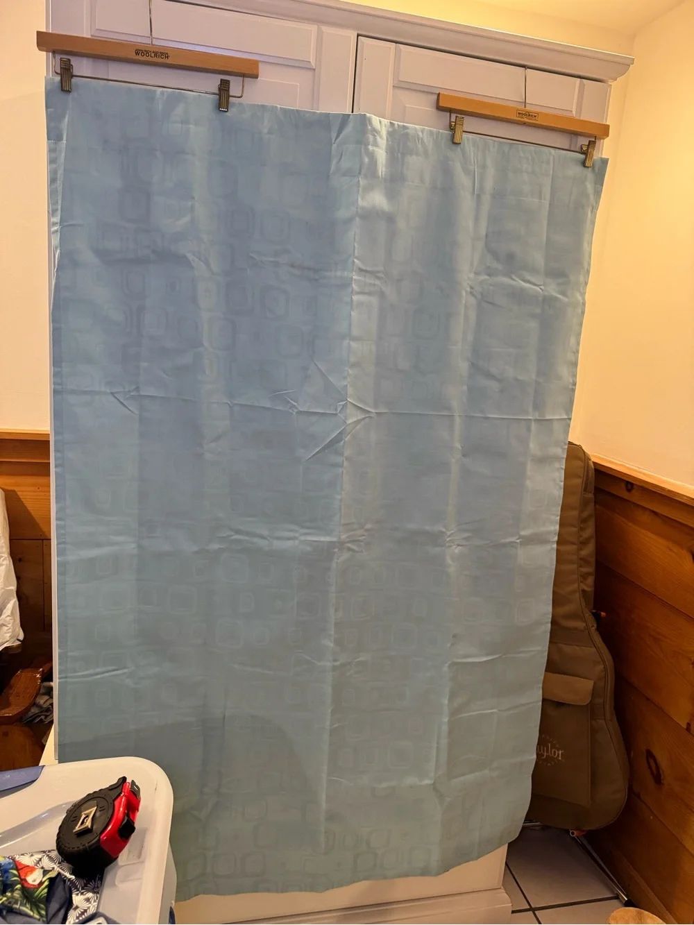 Light Blue Geometric Curtain Panel with blackout fabric